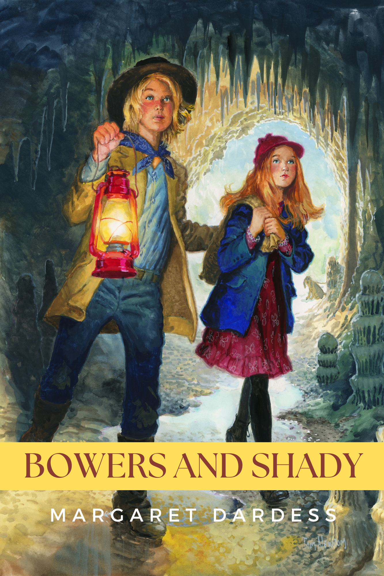 A boy and a girl are walking through a cave holding lanterns.