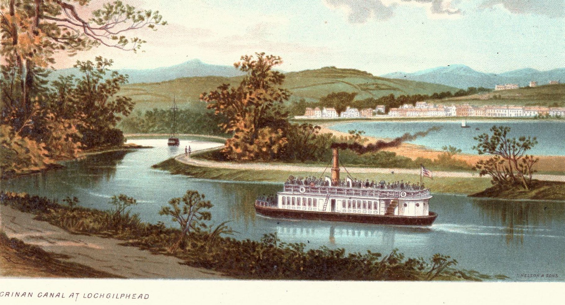 A painting of a steamboat going down a river