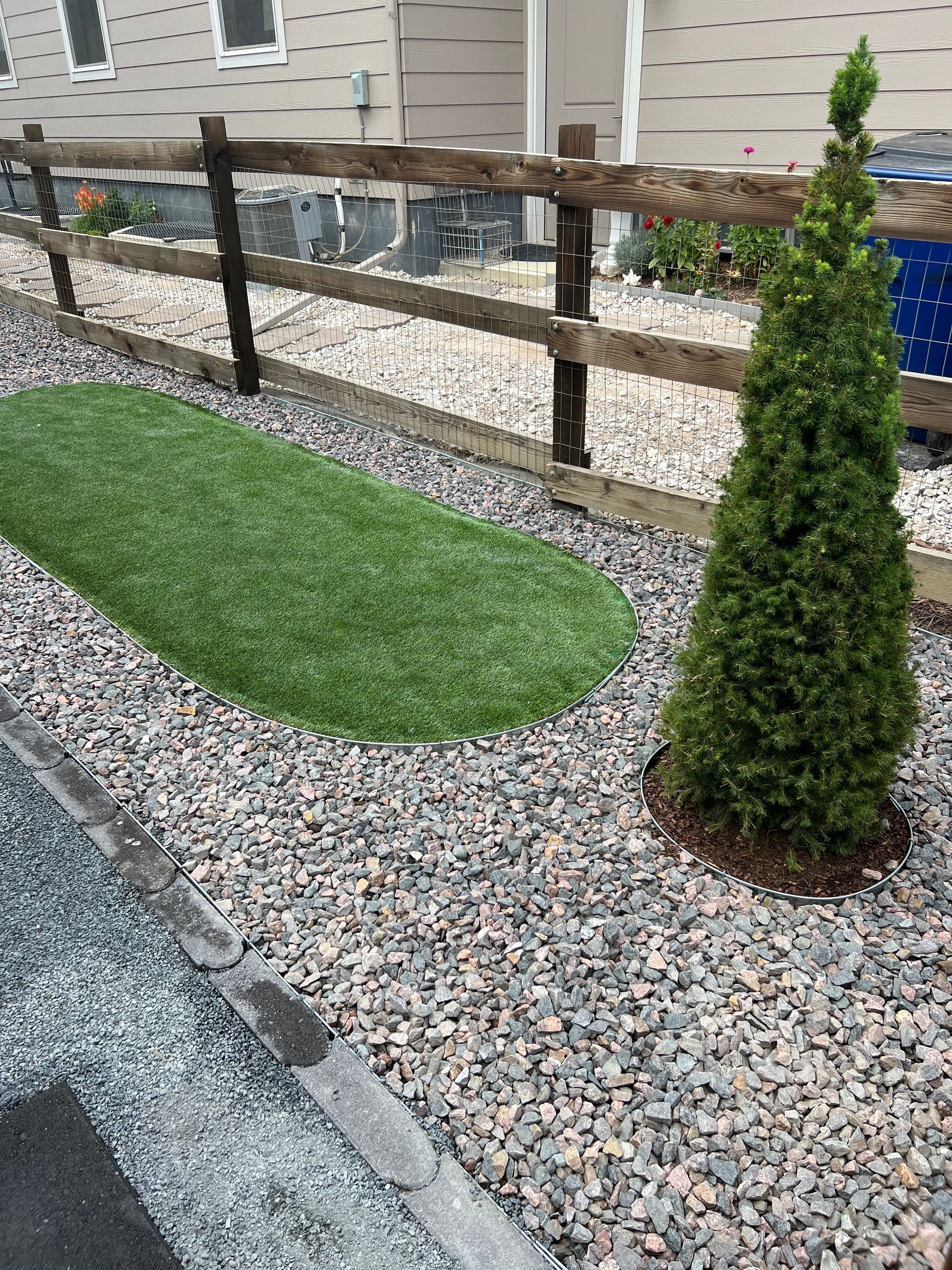 Landscaped front yard with gravel, artificial turf, wooden fence, and a small evergreen shrub