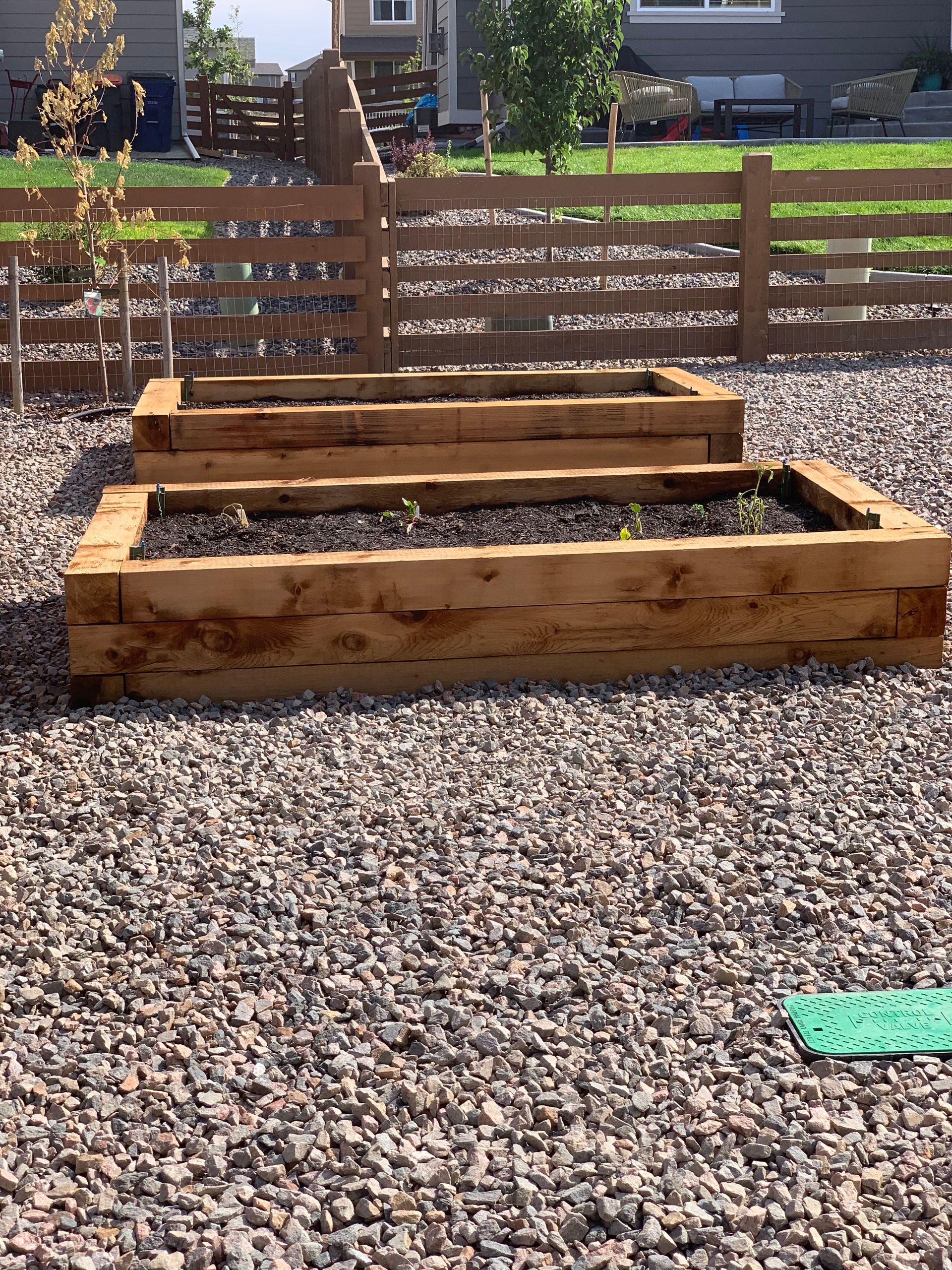 Wooden raised garden beds on a gravel yard with steps and a fence in the background.