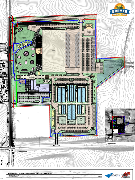 Color-coded site plan map with buildings, roads, parking, and contour lines.