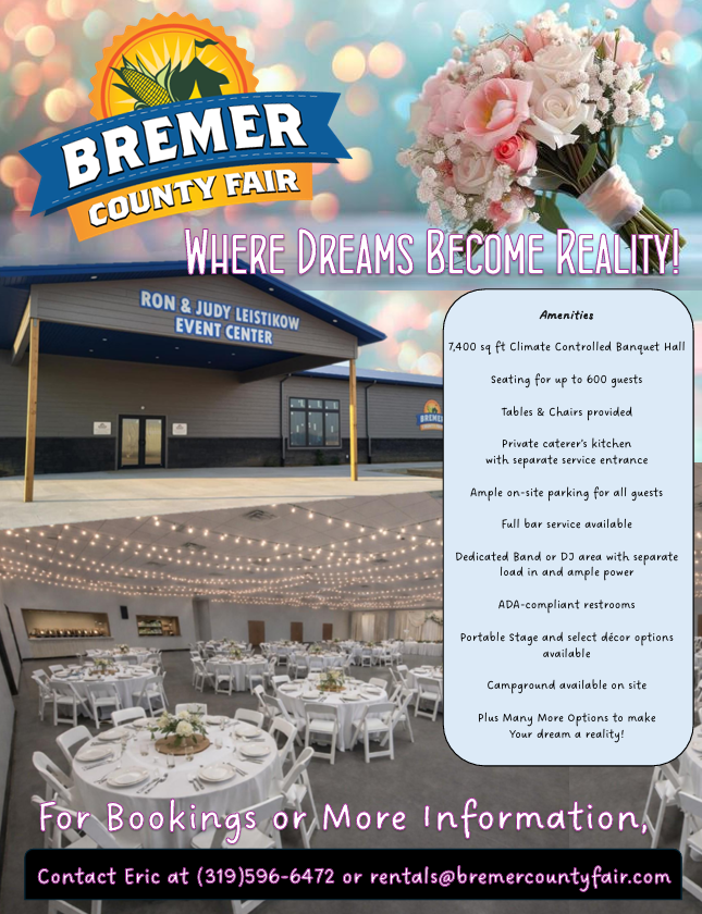 Bremer County Fair event venue flyer with barn, flowers, tented tables, and booking contact details
