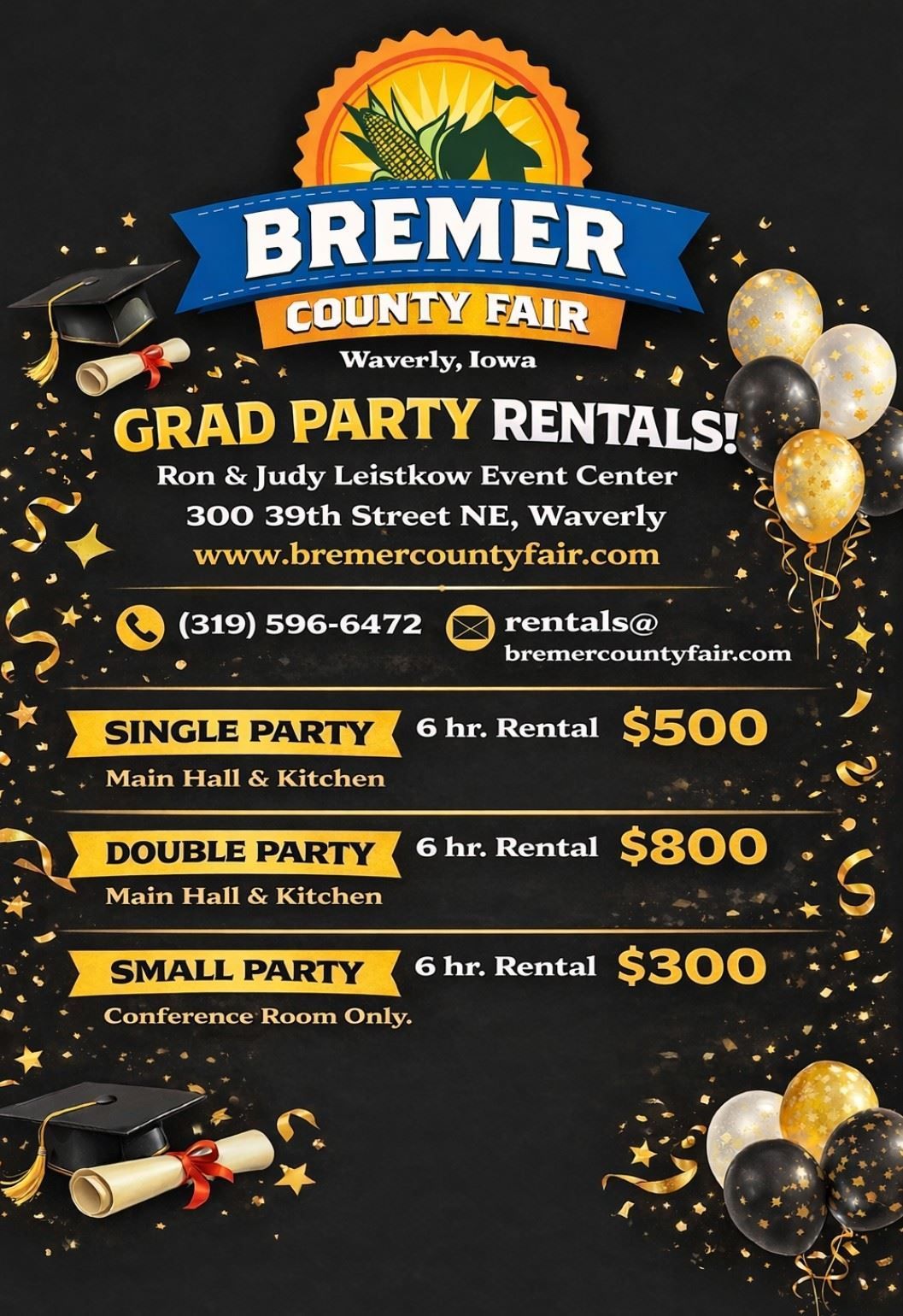Bremer County Fair grad party rentals flyer with gold balloons, prices, and tent/patio options on dark background