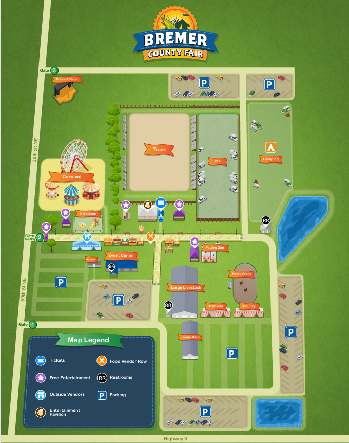 Colorful map of Bremer Town Square with paths, buildings, icons, and a legend on a green background