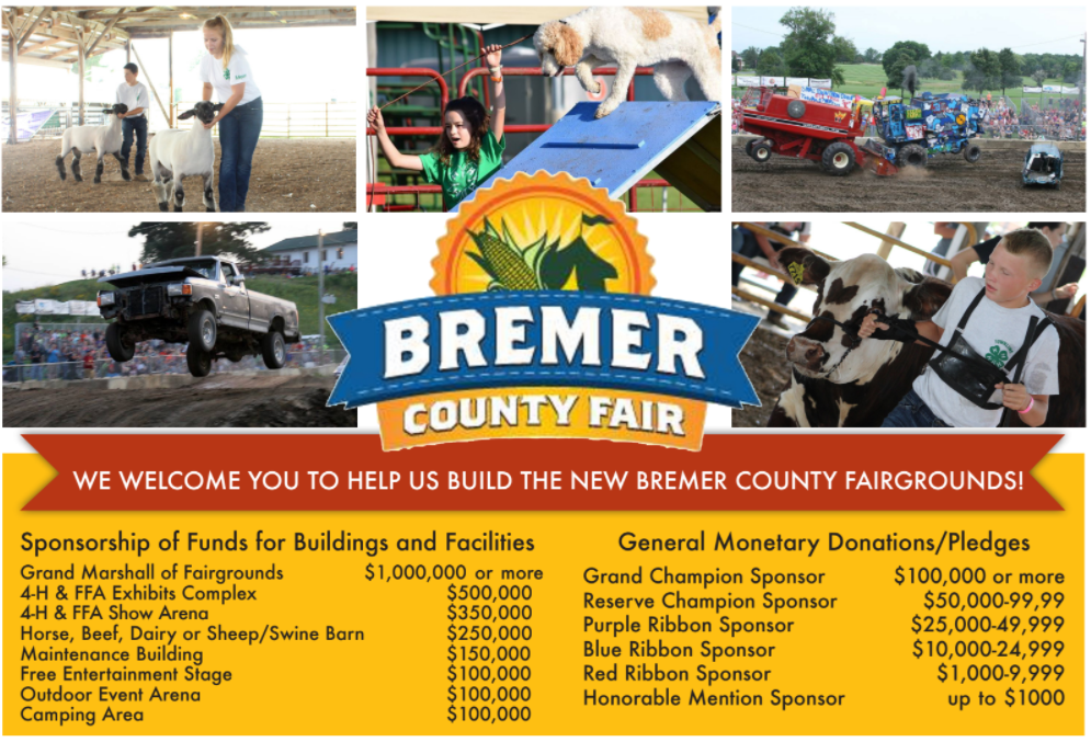 Bremer County Fair fundraiser poster with photos of fair activities and sponsor donation levels