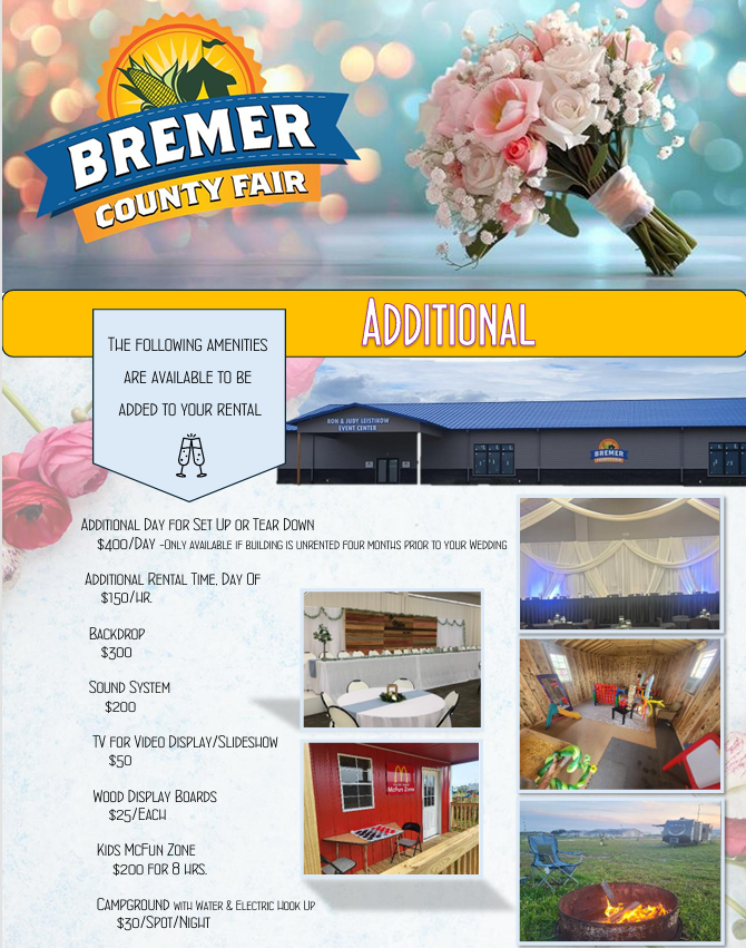 Bremer County Fair additional info flyer with buildings, photos, and event details on a colorful background