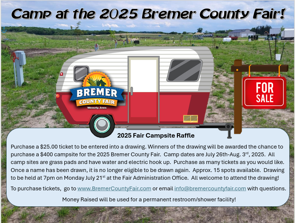Bremer County Fair 2025 camper raffle poster showing a white camper and red