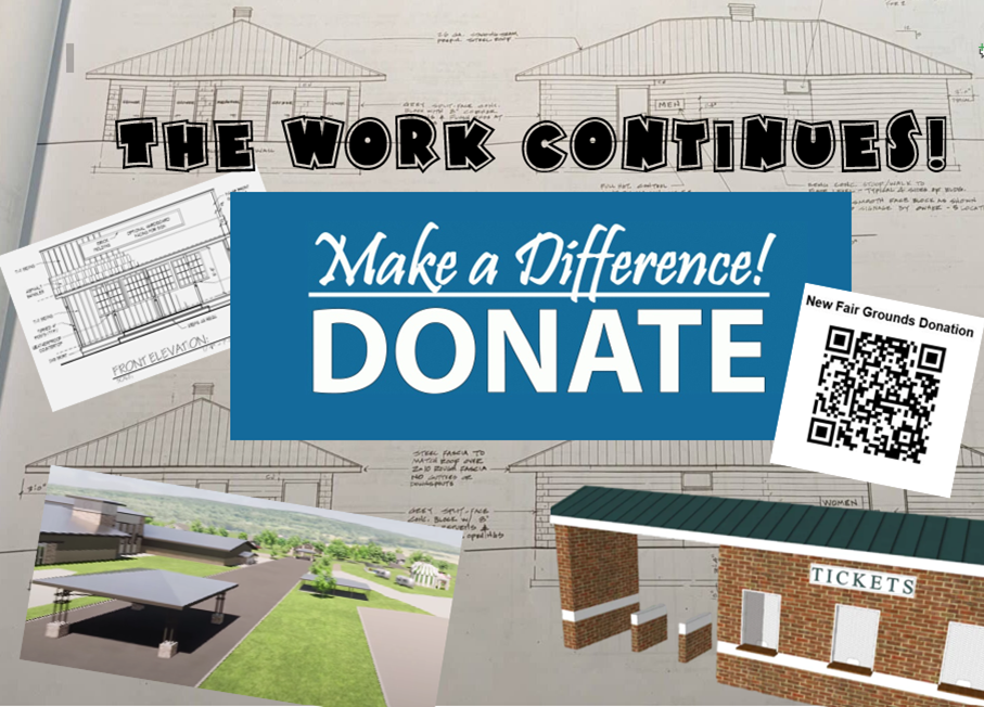 Construction fundraiser banner: “The Work Continues! Make a Difference! DONATE” with QR code and building renderings