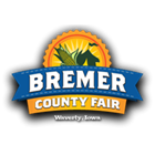 Bremer County Fair logo with blue ribbon, sunburst, and cornfield; Winneshiek, Iowa text