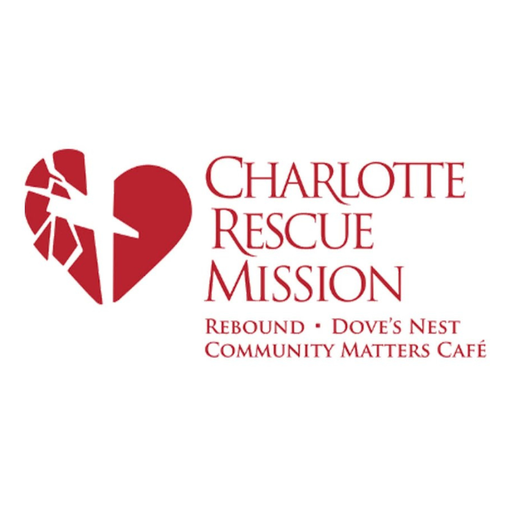 Logo for Charlotte Rescue Mission: Red broken heart with cross, text