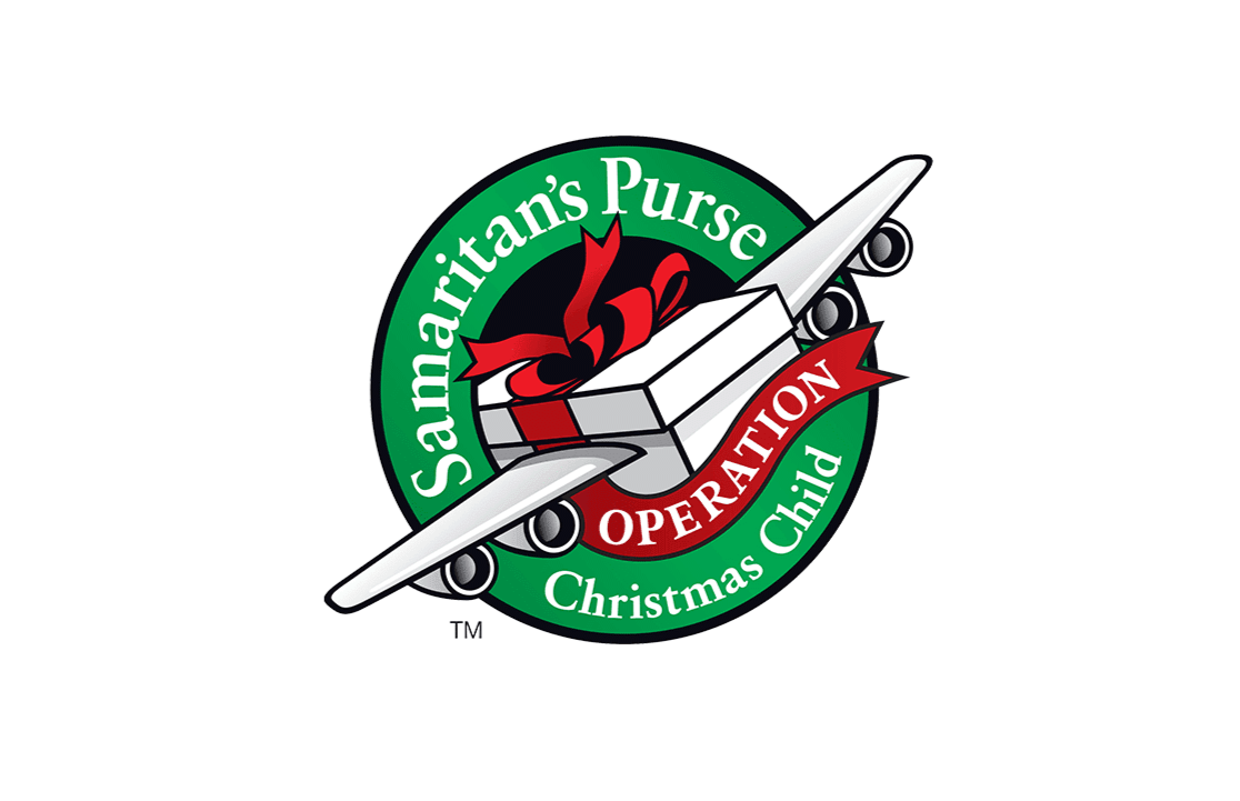 Logo for Samaritan's Purse Operation Christmas Child: green circle with text, gift box on airplane.
