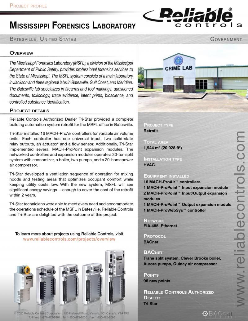 Mississauga Forensics Laboratory brochure with lab photo, product list, and Reliable Controls logo