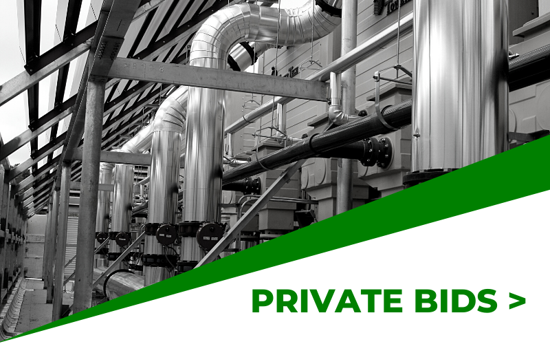 Industrial piping and ducts in a factory, with a green banner reading “PRIVATE BIDS”
