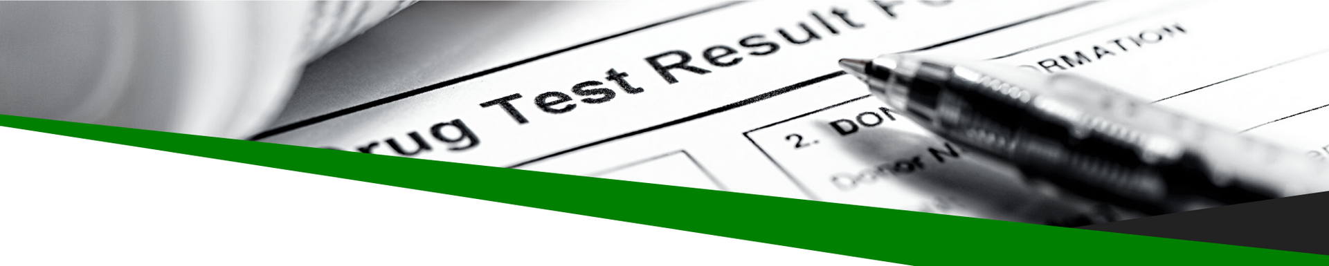 Close-up of a black pen writing on a test results form with a green diagonal stripe.