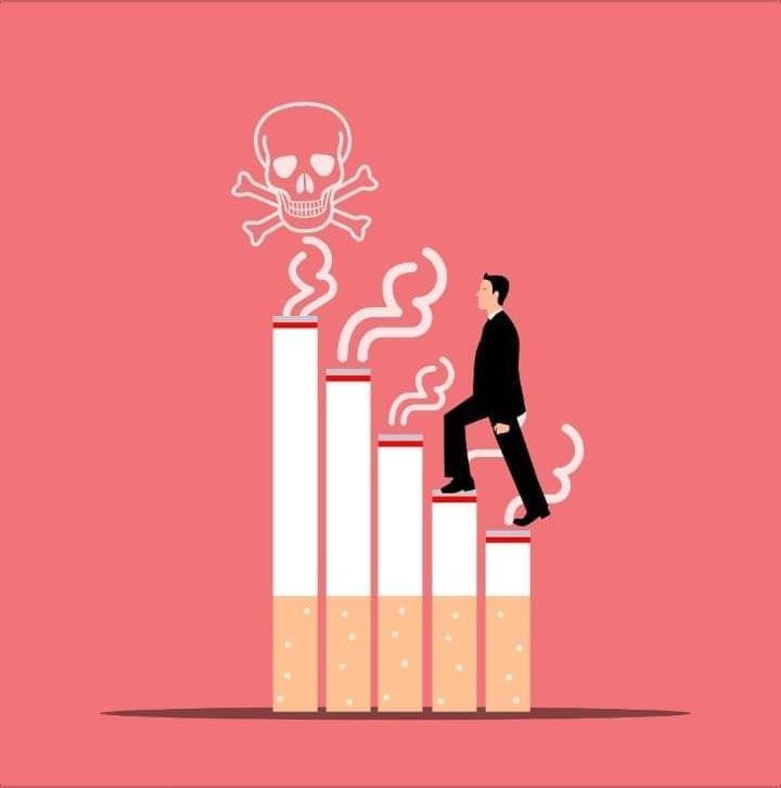 Un homme marche sur un graphique de cigarettes avec un crâne et des os croisés dessus.