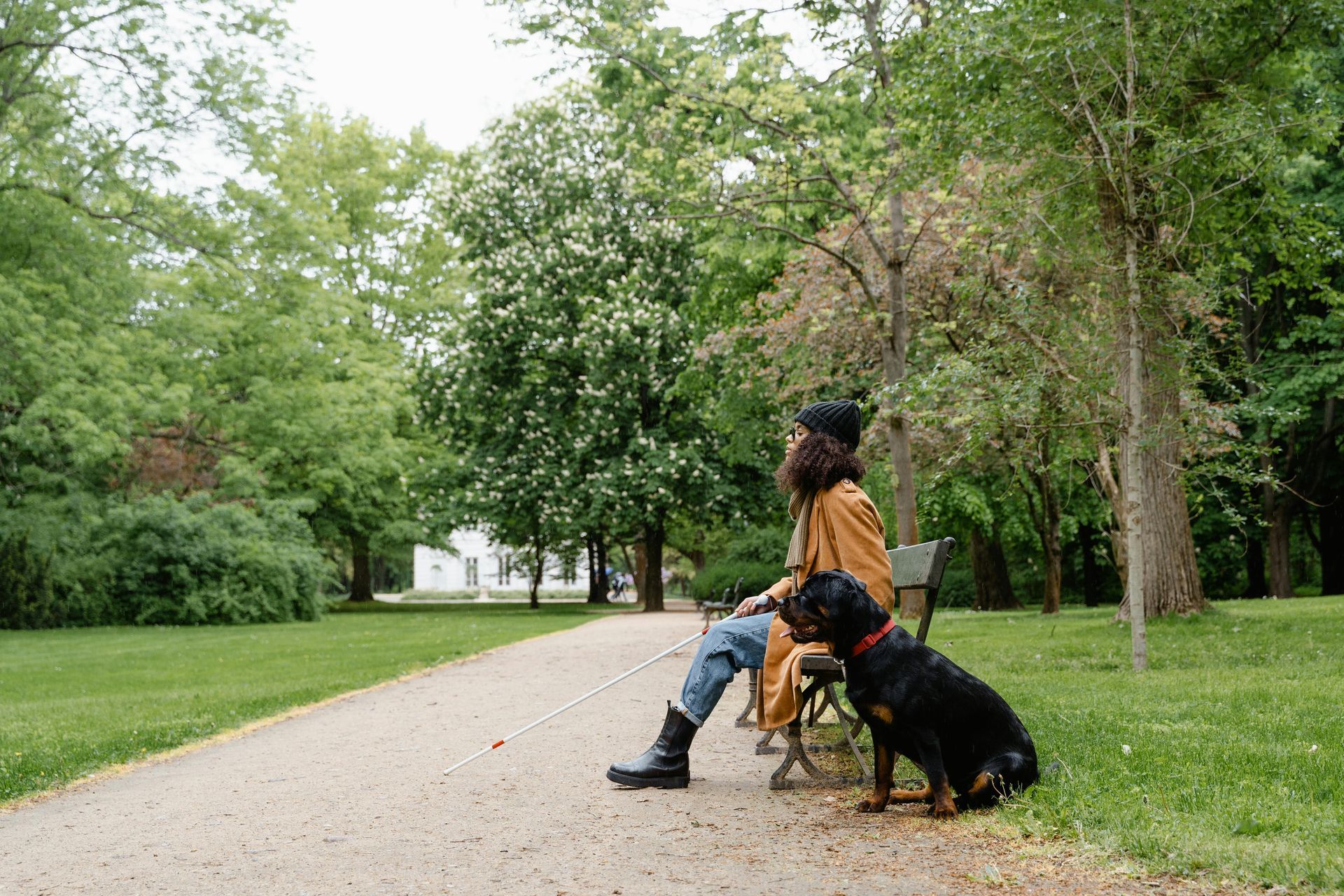 Une femme est assise sur un banc de parc avec son chien.