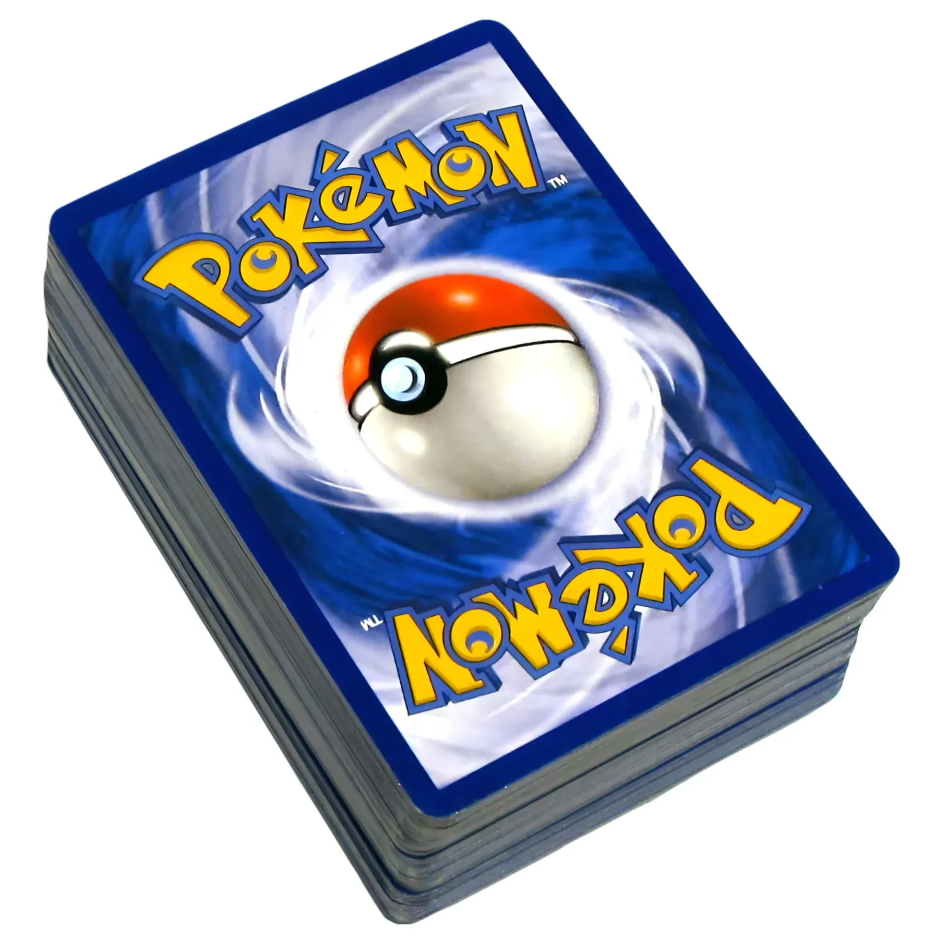 A stack of Pokémon trading cards showing a Poké Ball on the back, blue border, and yellow Pokémon logo.