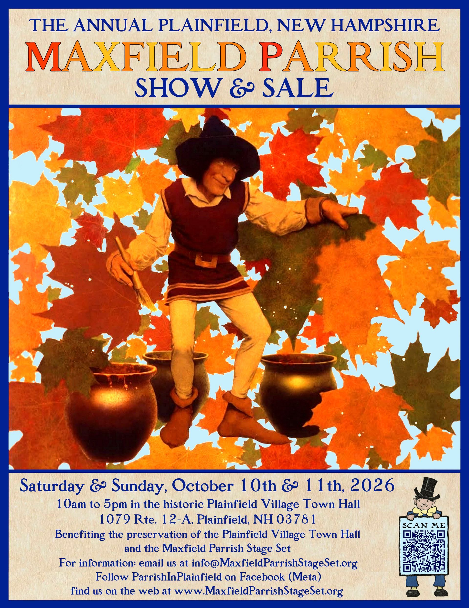 Maxfield Parrish Show & Sale poster with autumn leaves and a woman dancing between vases