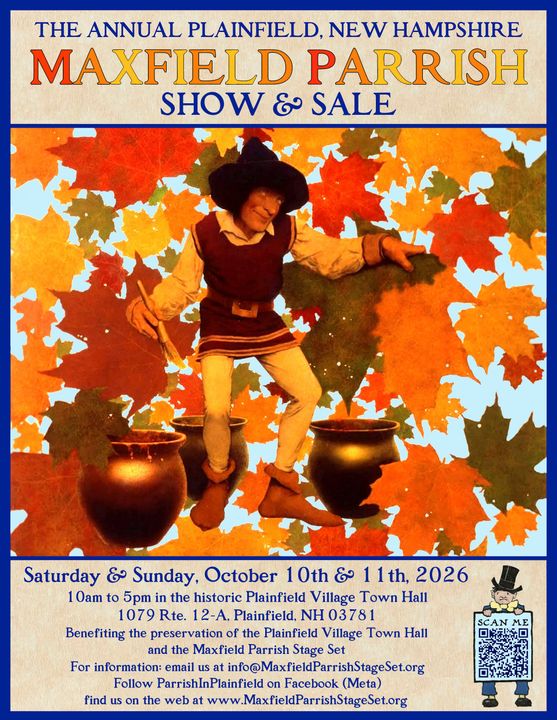 Maxfield Parrish Show & Sale poster with autumn leaves and a woman dancing between vases