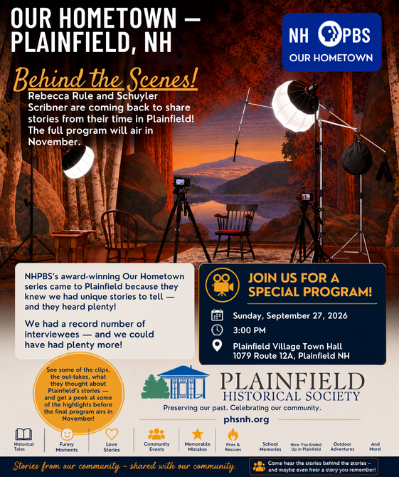 PBS Our Hometown Plainfield, NH event poster with autumn barn, skyline, and white text details