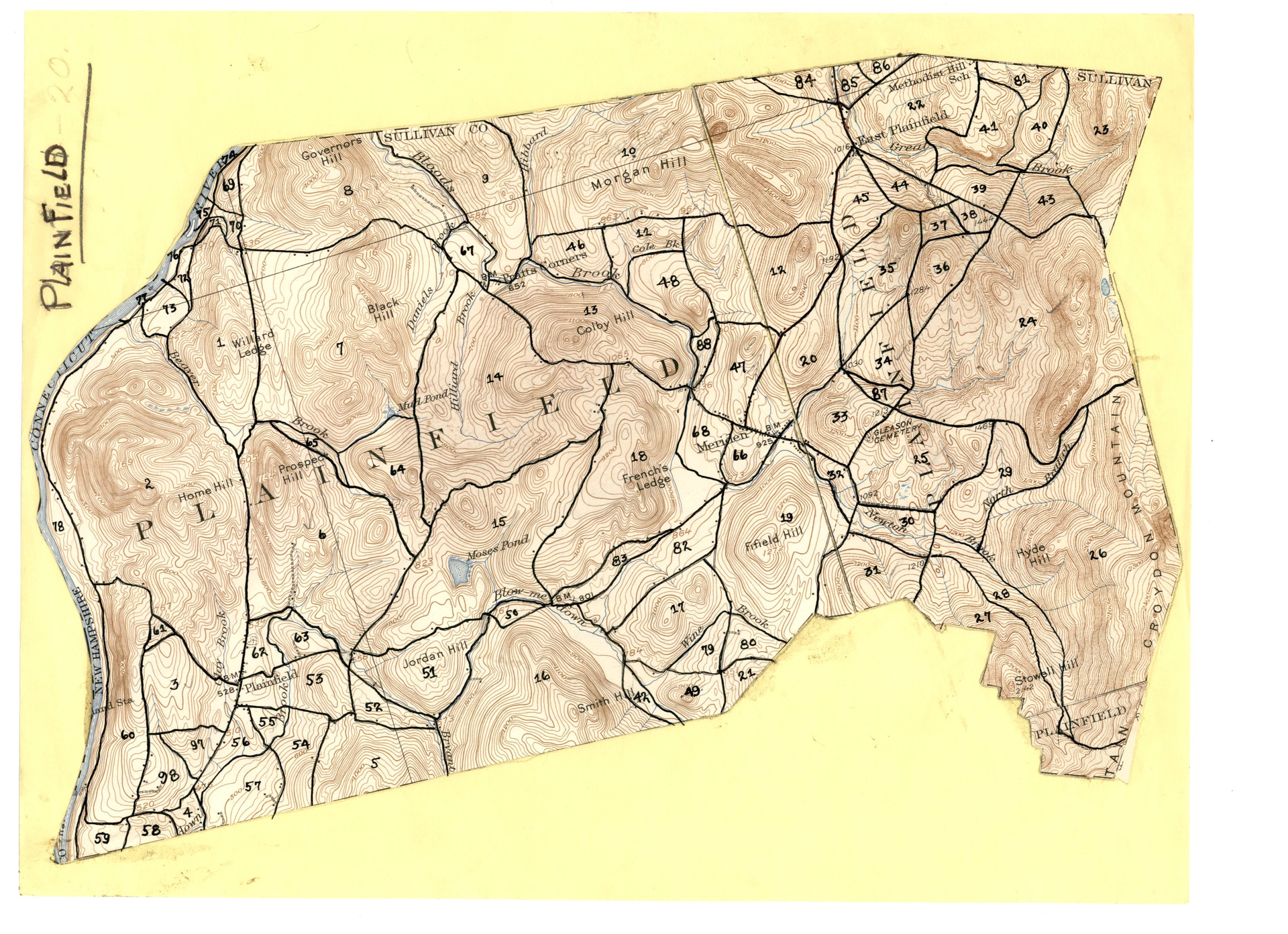 Click on the map to see detailed section maps. Topographic map of the Town of Plainfield, NH with Blister Rust study sections indicated.