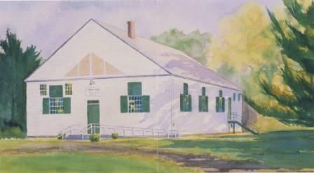 A painting of a white house with green shutters
