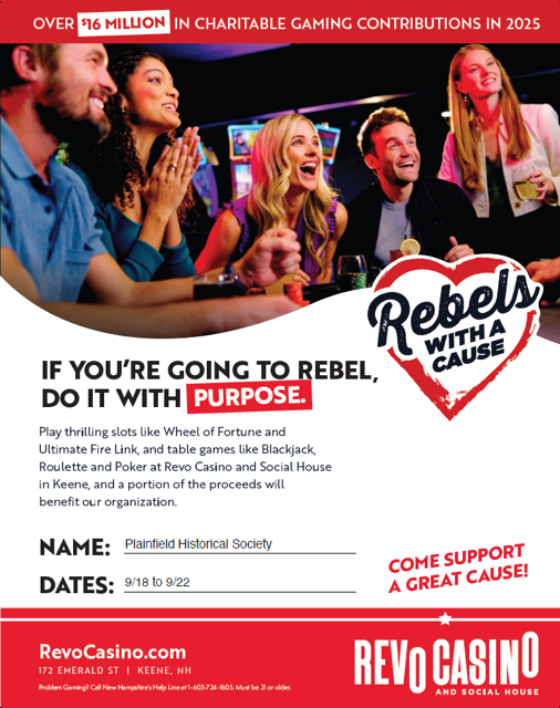 Rebels with a Cause casino fundraising ad with cheering people and event details on a red background