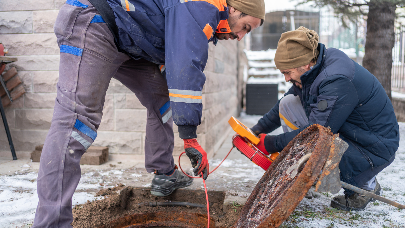 Workers checking a septic tank.