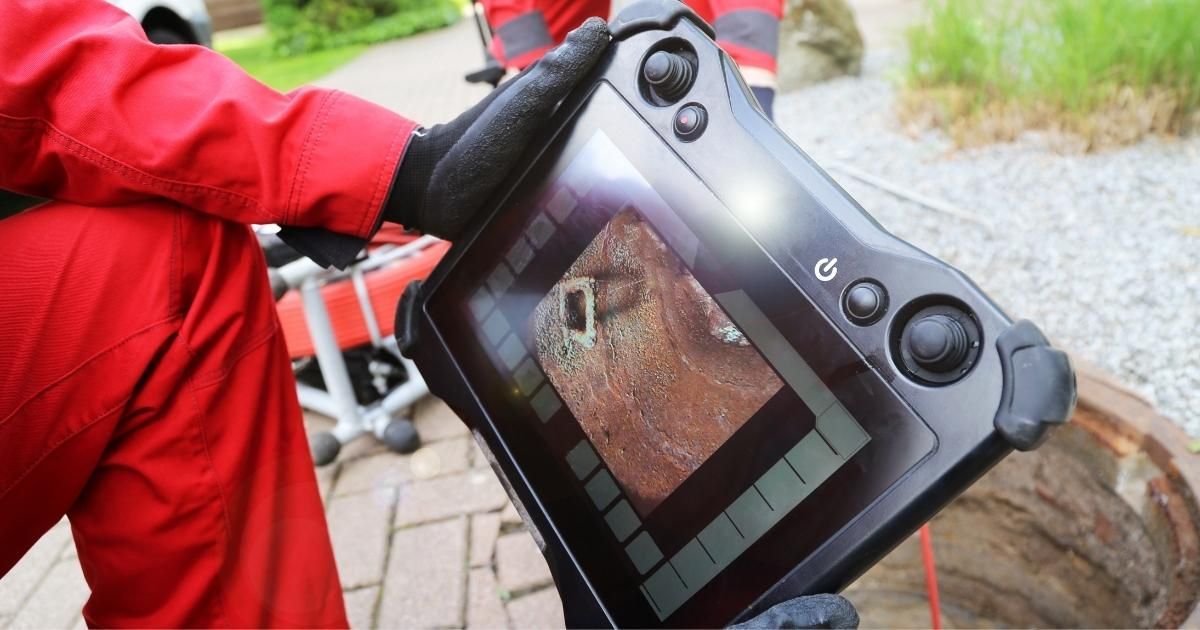 Gloved hands holding a tablet showing a close-up of a brick wall with a visible hole