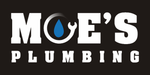 MOE'S Plumbing logo with white text, blue water droplet in the O, on a black background