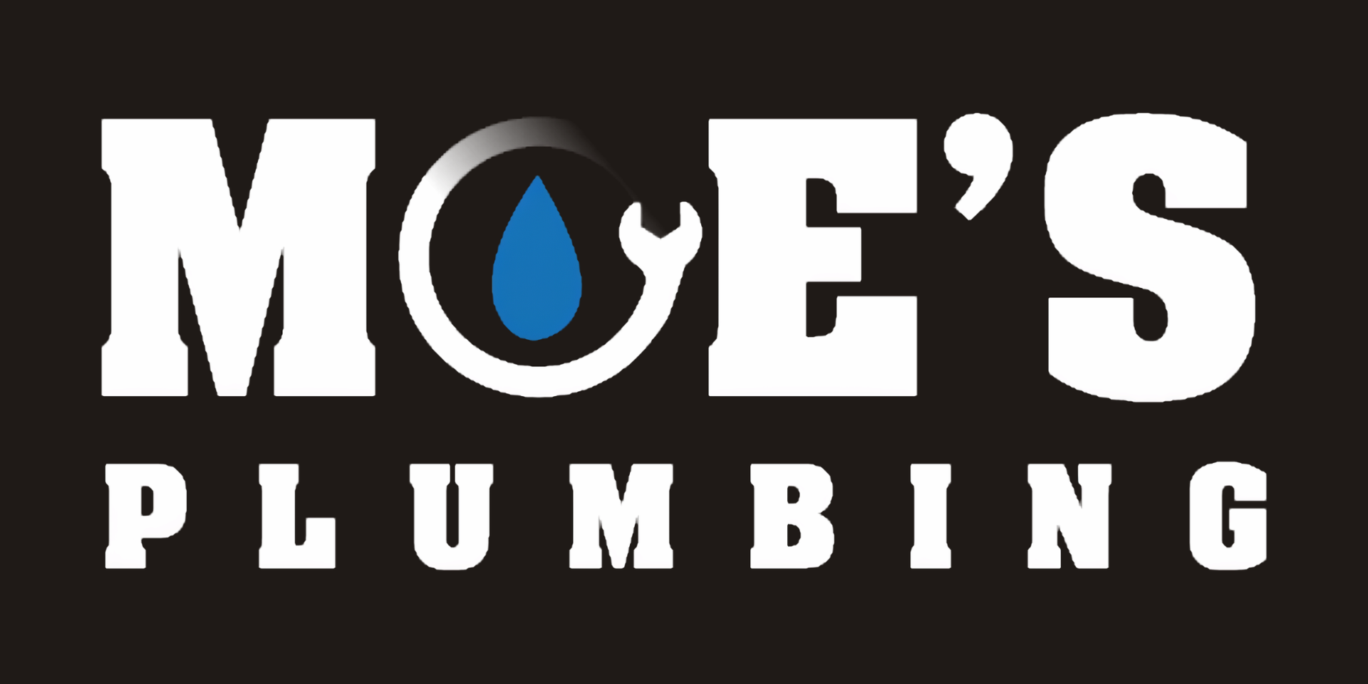 MOE'S Plumbing logo with white text, blue water droplet in the O, on a black background