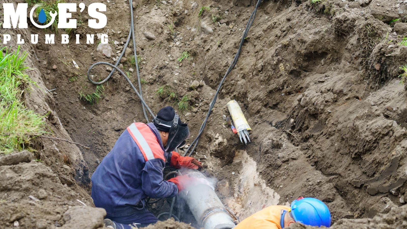 outdoor water leak Moe's plumbers in backyard fixing a leaking pipe.