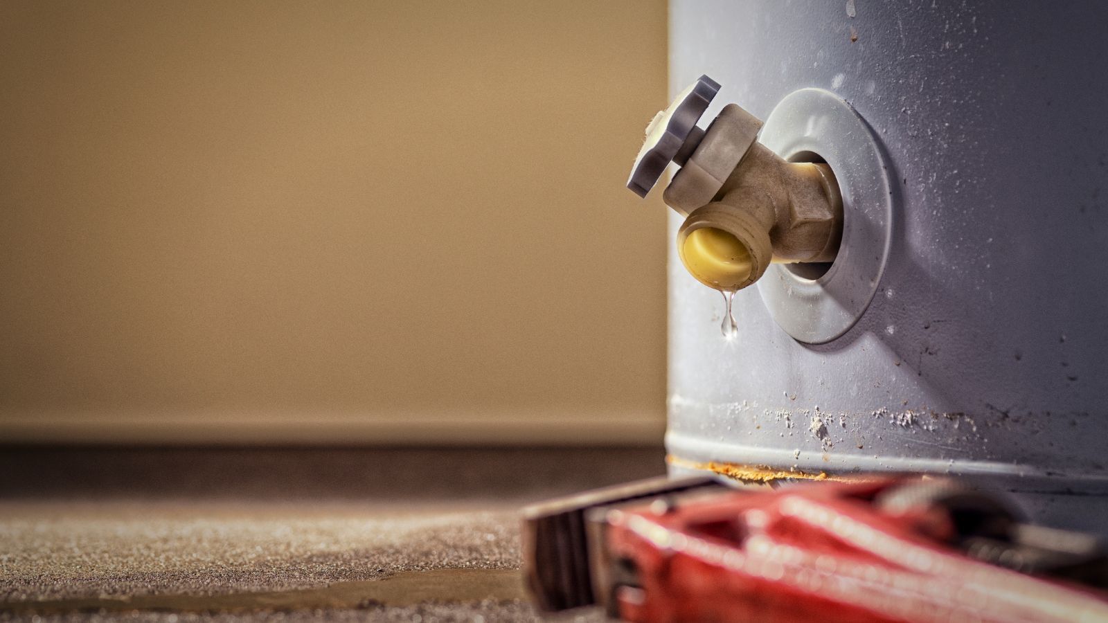 leaky water heater with a wrench to fix it