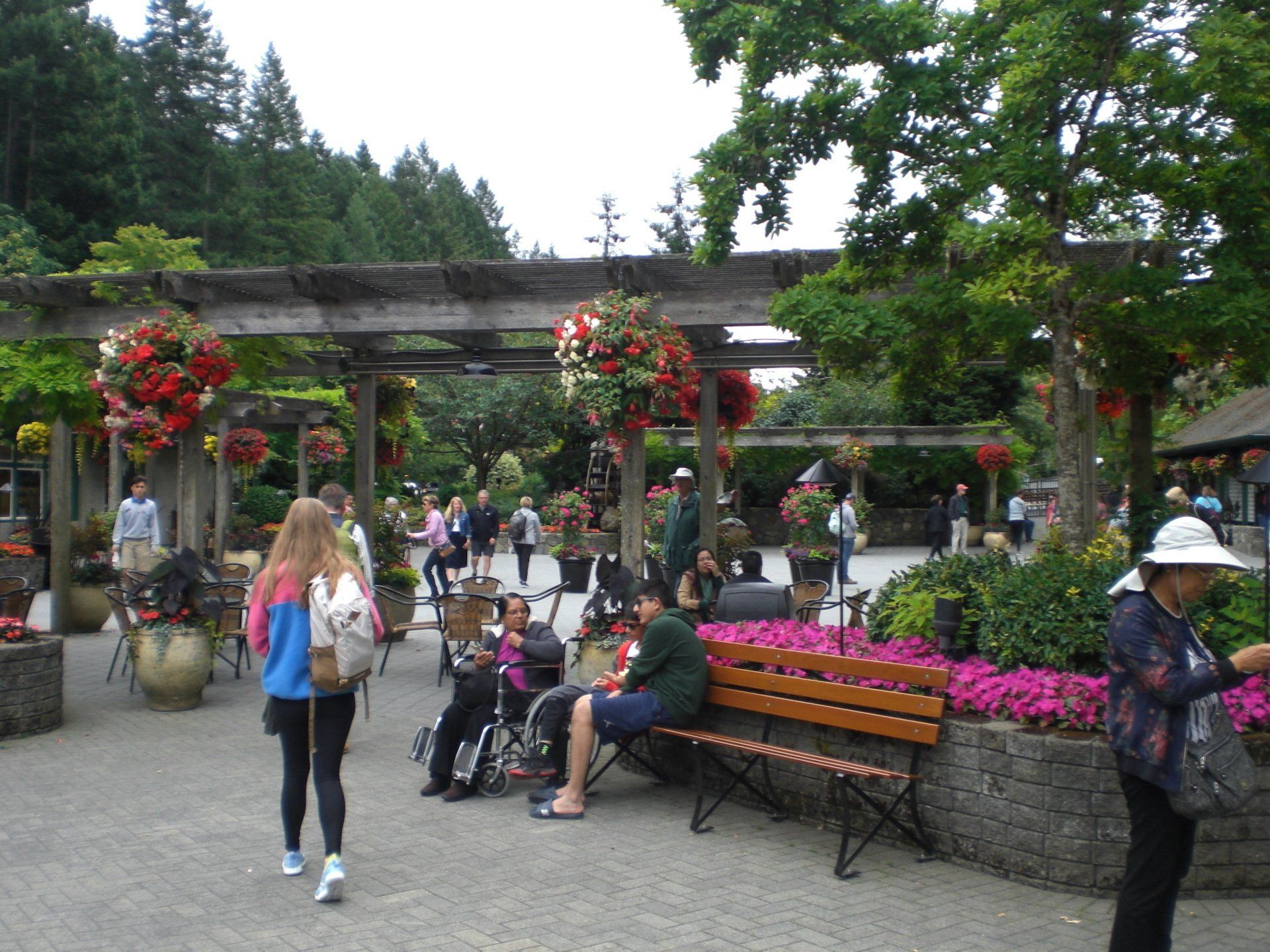 People walking and relaxing in a flower garden, with hanging baskets, benches, and a wheelchair user.