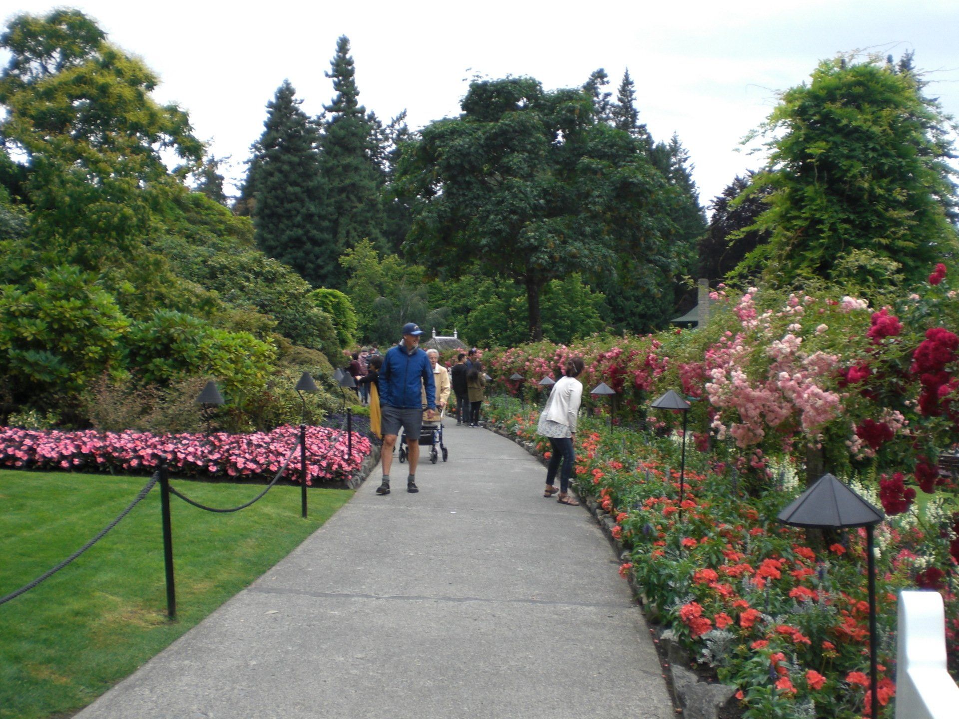 Pathway through a garden with blooming flowers and people walking. Green trees and cloudy sky in the background.