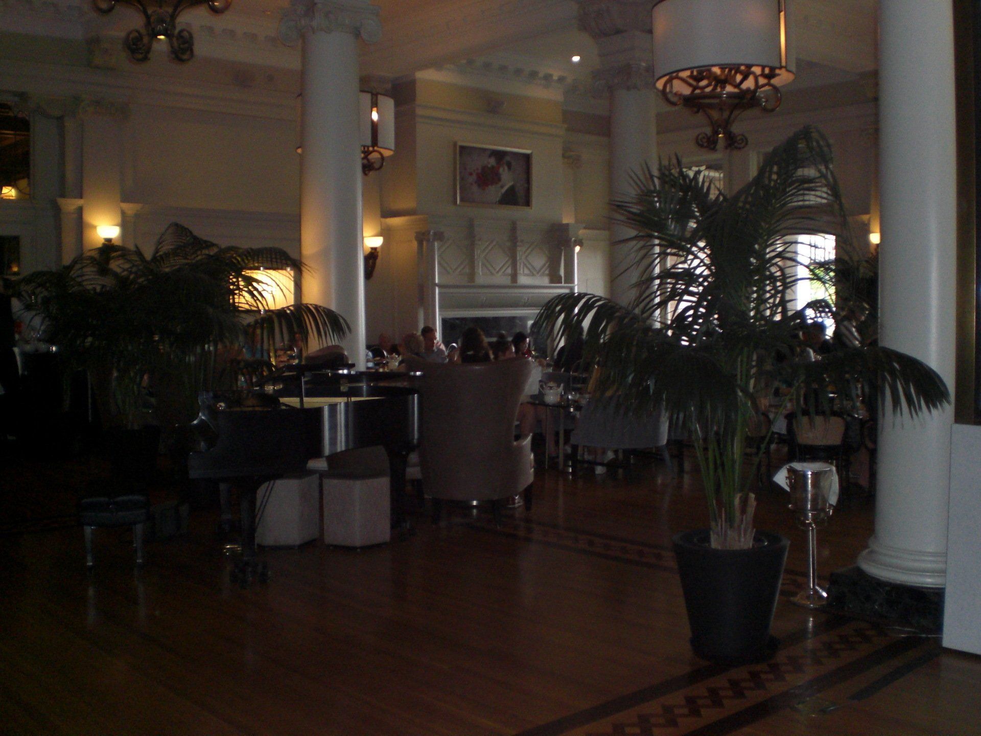 Elegant dining room with potted plants, grand piano, and diners at tables.