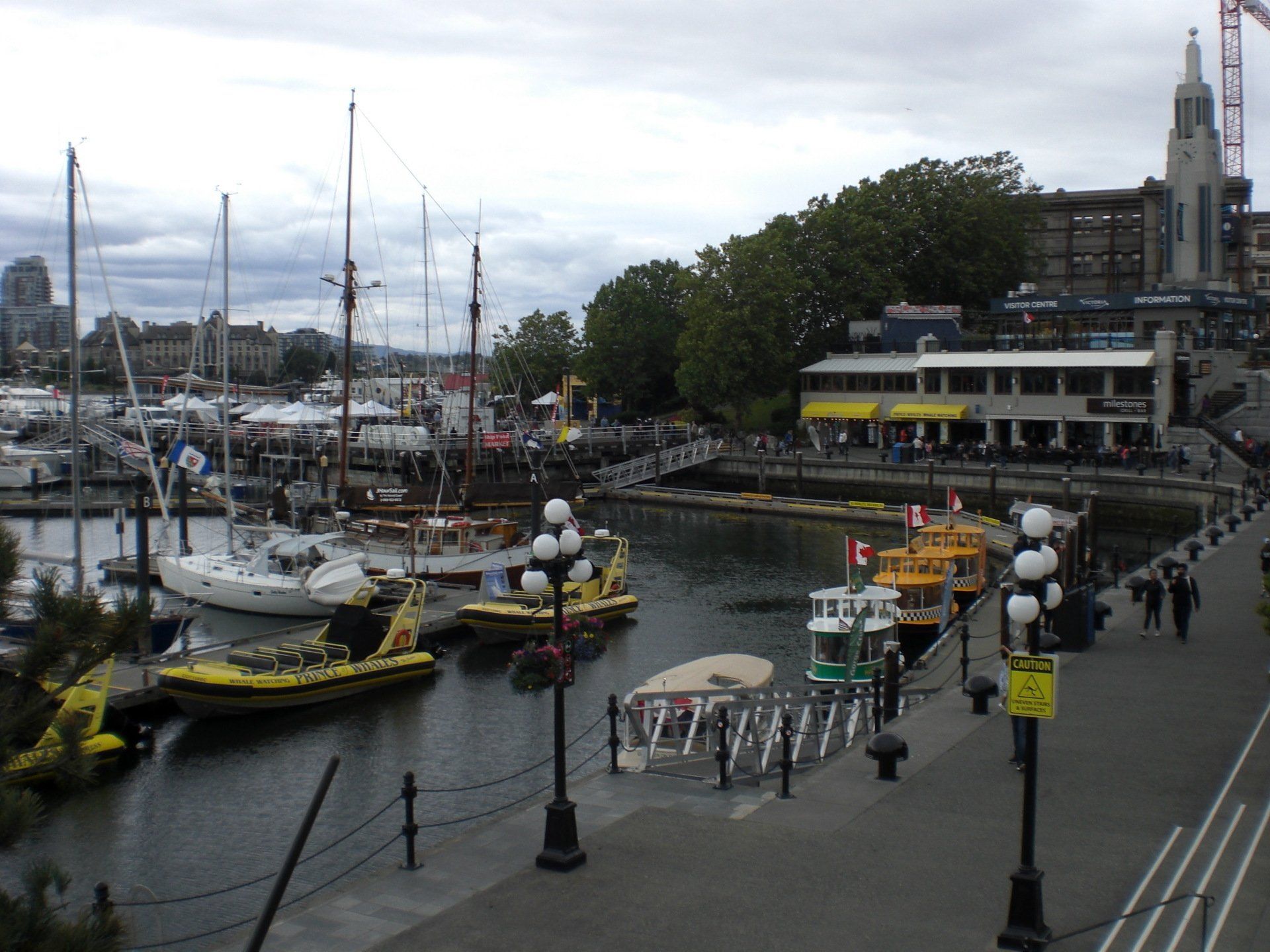 Boats in harbor, Victoria BC, including tour boats and sailboats, on an overcast day, with people on the dock.