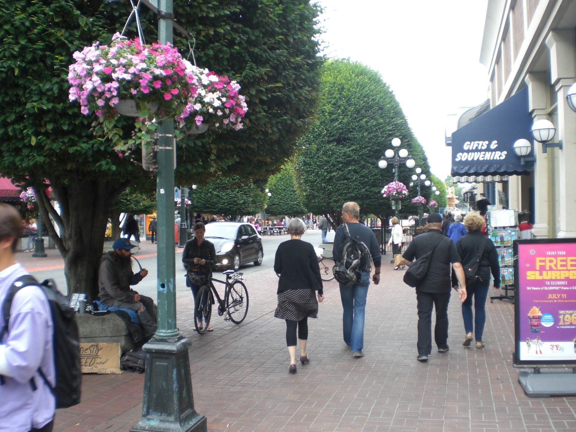 People walking on a brick-paved street lined with trees and shops; hanging flower baskets adorn lampposts.