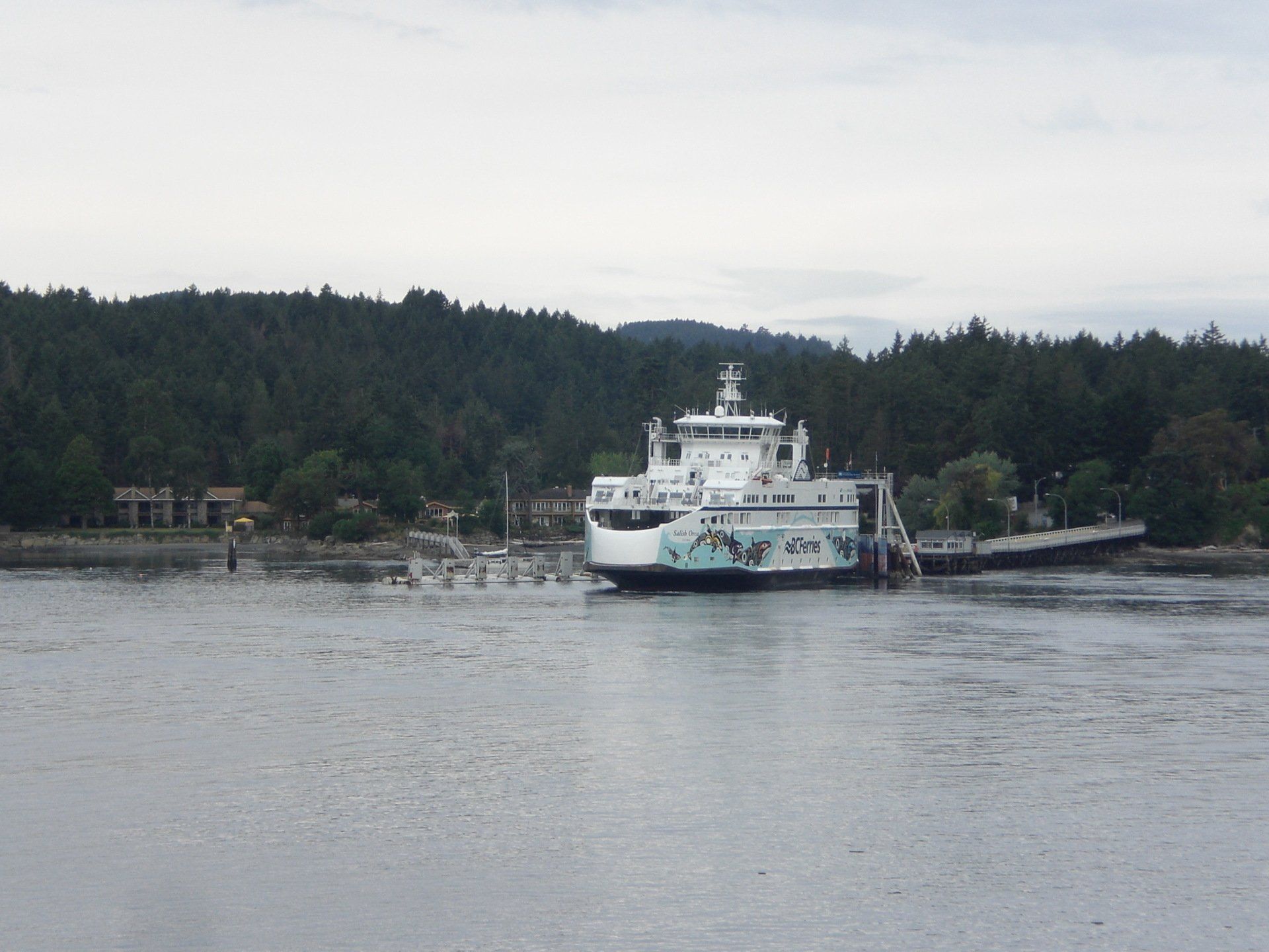Ferry docked at a pier in front of a forested hillside on an overcast day.