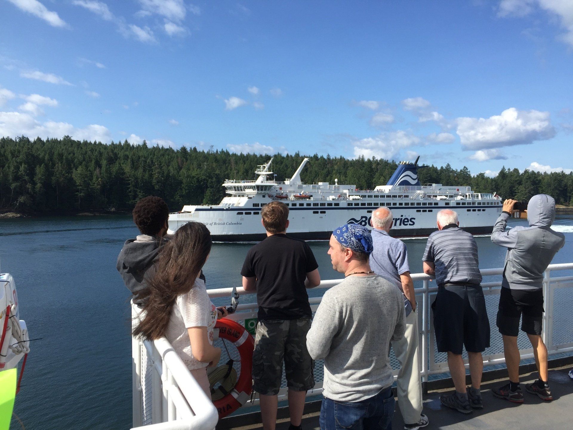 People on a ferry deck watch another ferry pass on a sunny day, green trees line the coast.