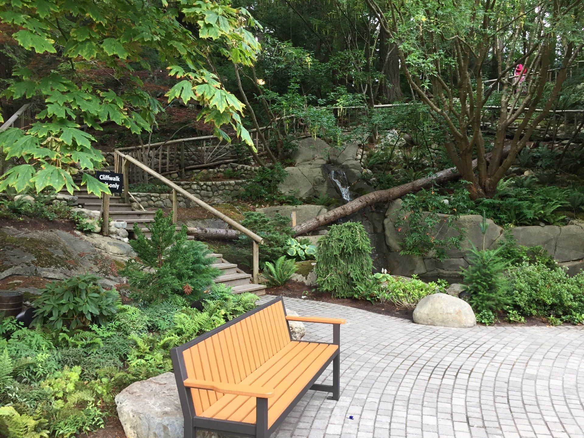 A park bench faces stone steps with a wooden railing, surrounded by lush greenery.