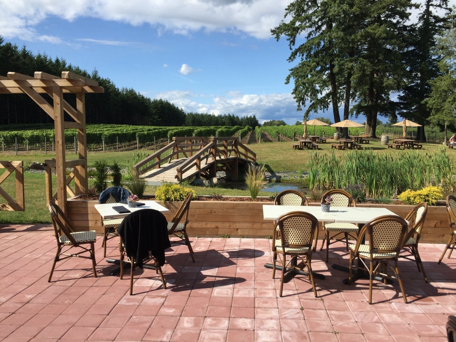 Outdoor patio at a winery with tables, chairs, a bridge over a small pond, and a vineyard in the background.