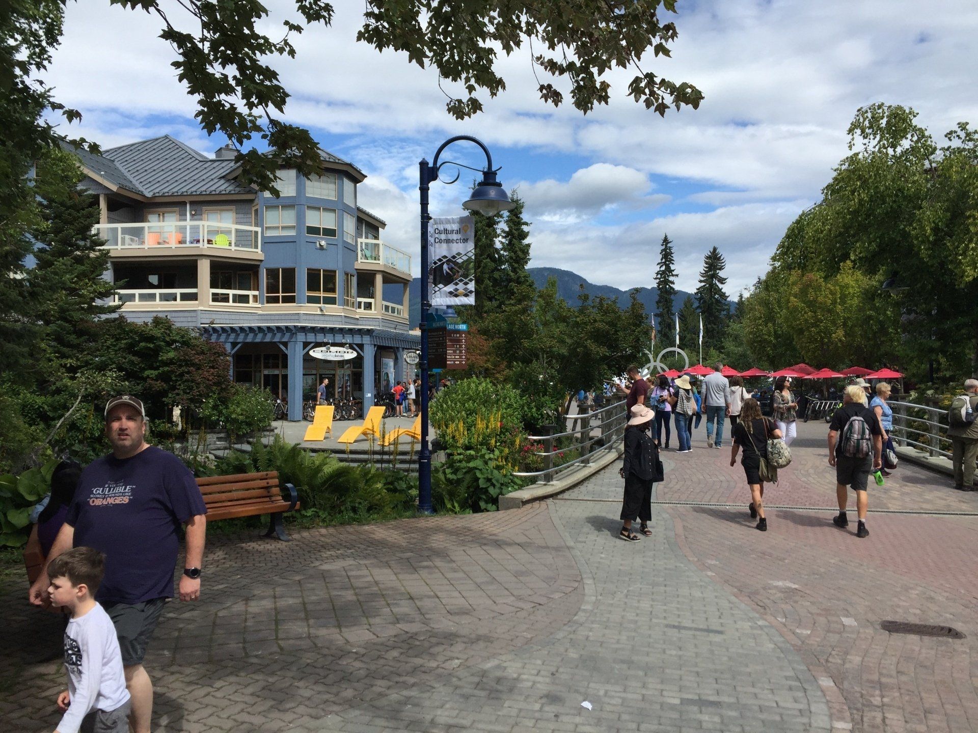 People walk along a brick pathway, shops and a blue building in the background, sunny day.