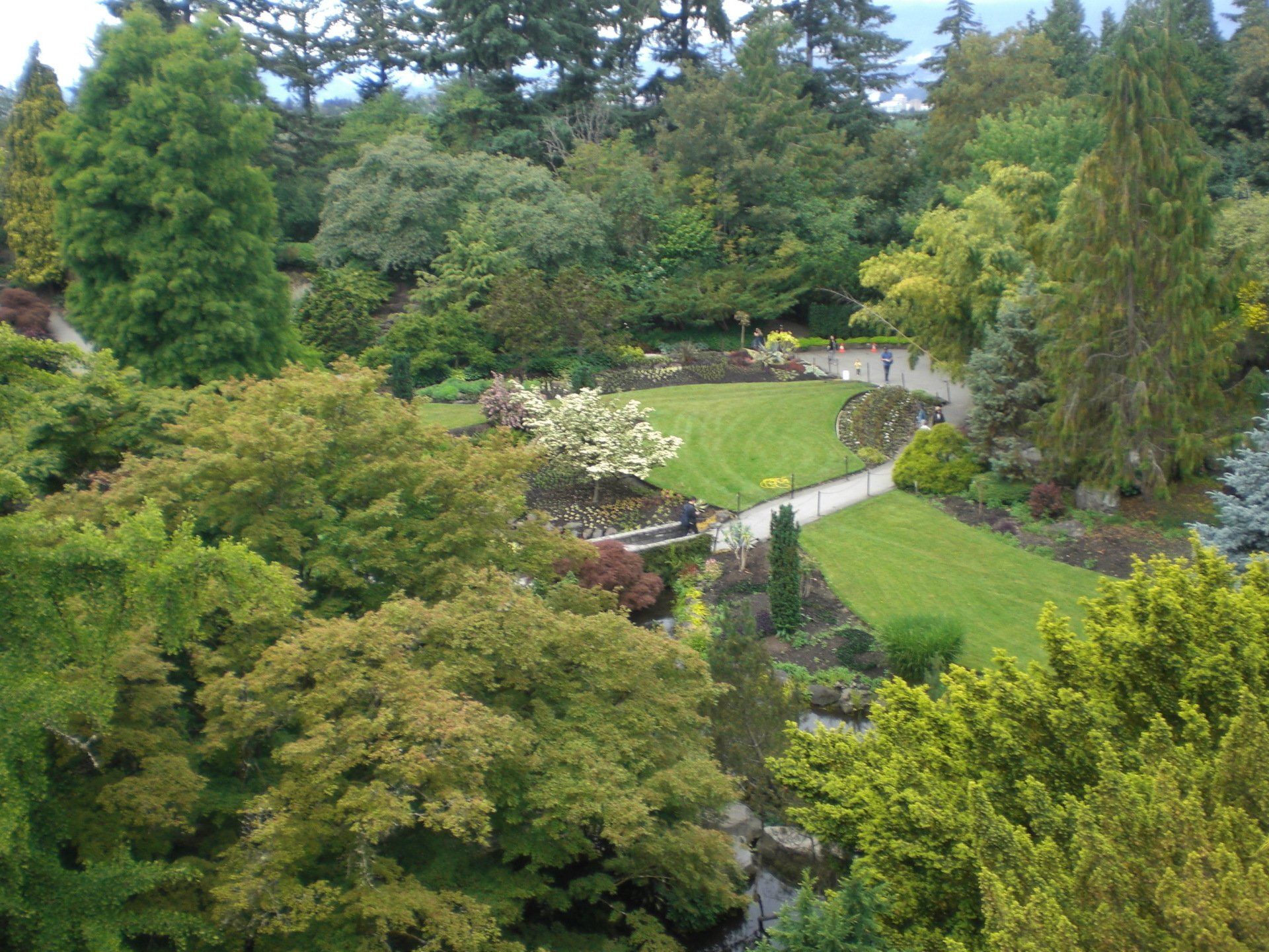 Lush green garden with various trees, pathways, and a grassy area, likely outdoors.