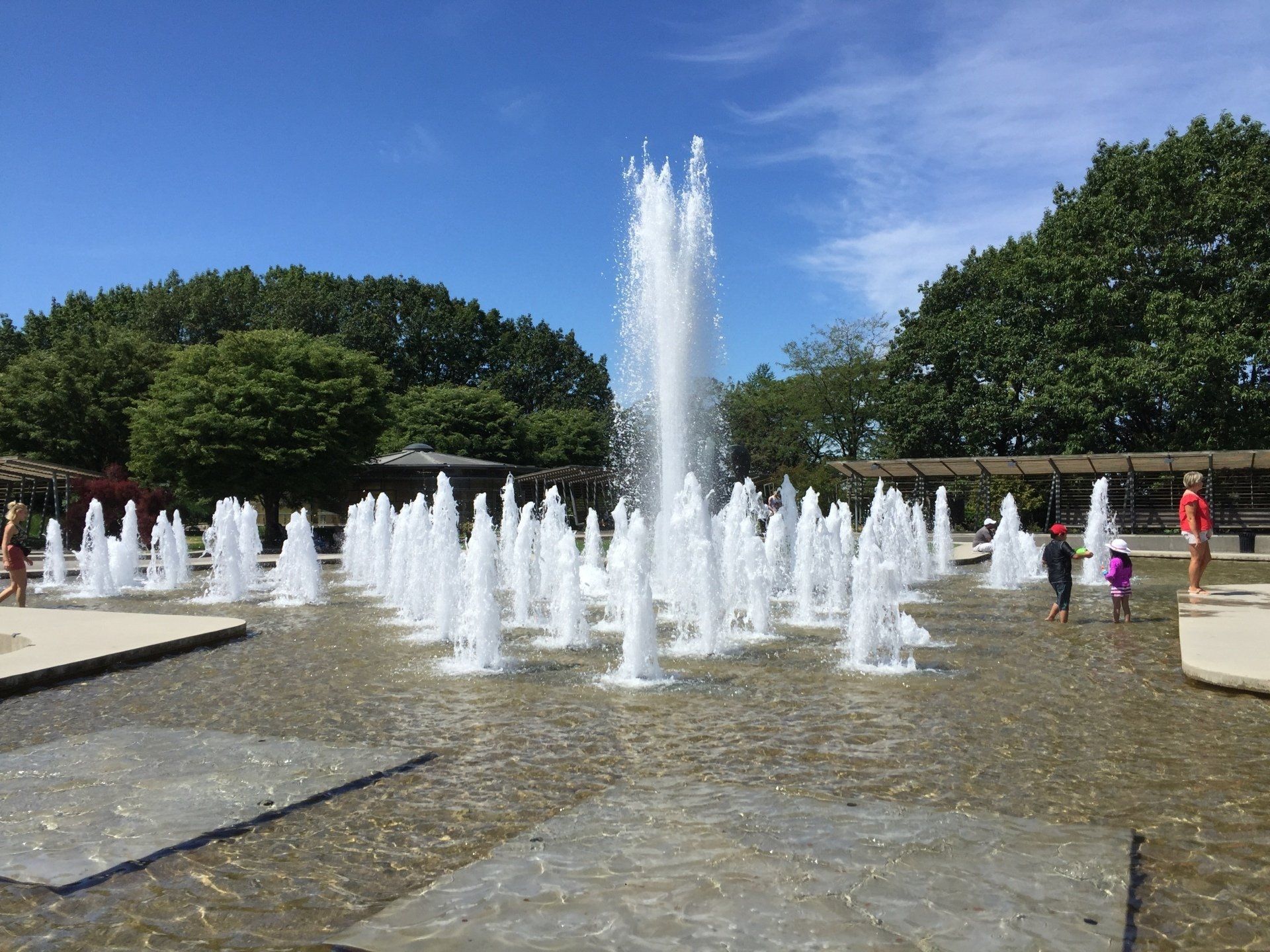 Fountain with multiple water jets in a park on a sunny day; children play nearby.