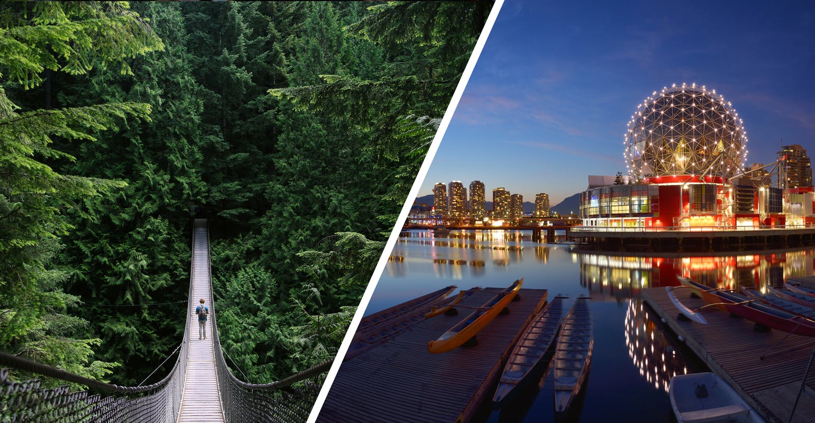 Left: Suspension bridge in forest. Right: City skyline with illuminated sphere and boats.