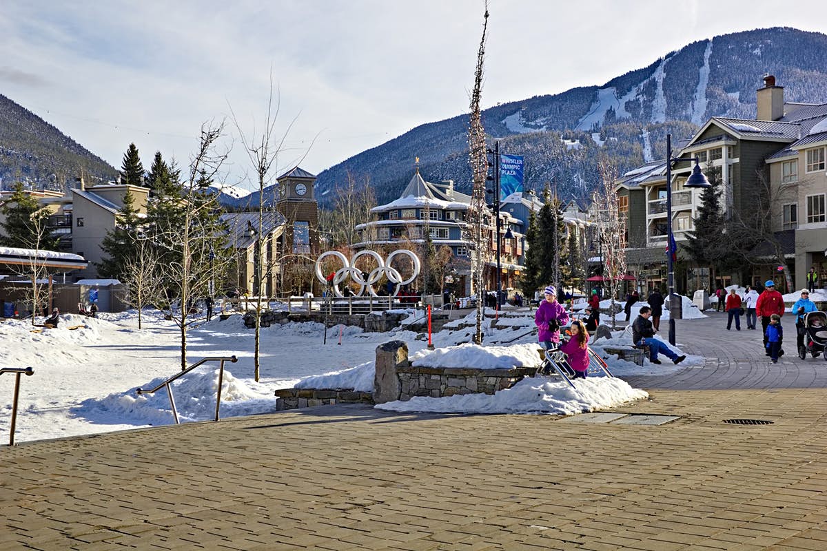 Snowy Whistler Village with Olympics rings, mountains, and people.