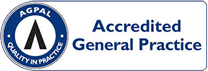 The logo for accredited general practice is blue and white.
