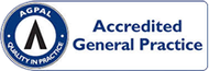The logo for accredited general practice is blue and white.