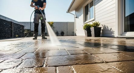 Person power washing a brick patio.